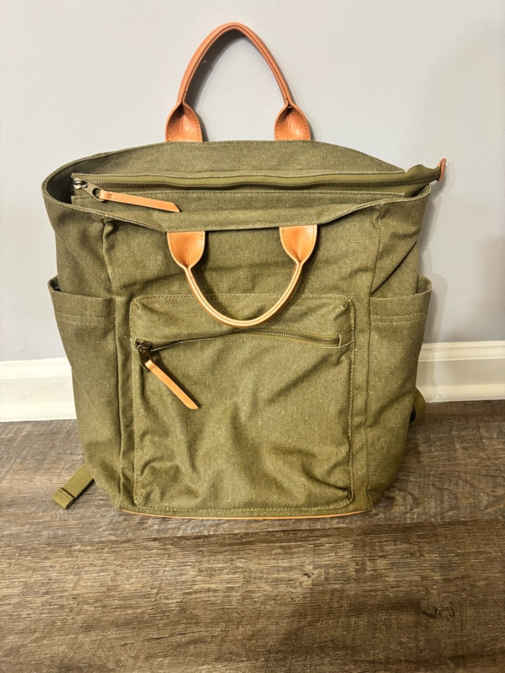 Olive Green Canvas Backpack with Tan Leather Accents